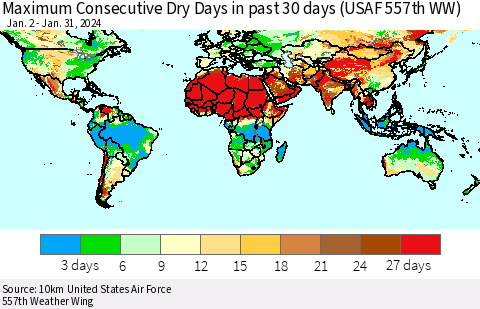 World Maximum Consecutive Dry Days in past 30 days (USAF 557th WW) Thematic Map For 1/26/2024 - 1/31/2024