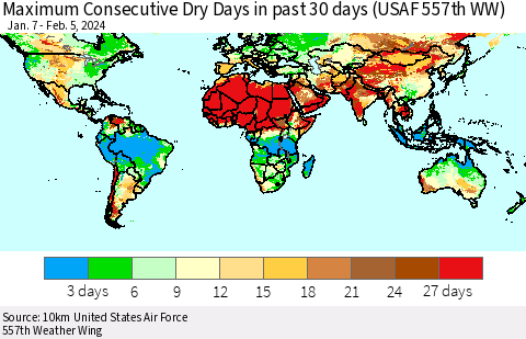 World Maximum Consecutive Dry Days in past 30 days (USAF 557th WW) 02/05/2024 Thematic Map For 2/1/2024 - 2/5/2024