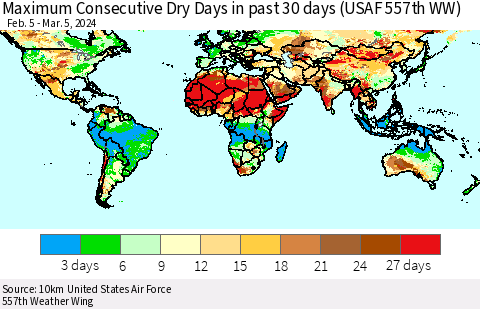 World Maximum Consecutive Dry Days in past 30 days (USAF 557th WW) 03/05/2024 Thematic Map For 3/1/2024 - 3/5/2024