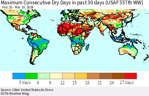 World Maximum Consecutive Dry Days in past 30 days (USAF 557th WW) 03/10/2024 Thematic Map For 3/6/2024 - 3/10/2024