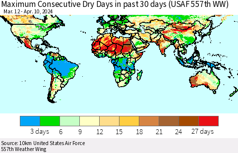 World Maximum Consecutive Dry Days in past 30 days (USAF 557th WW) 04/10/2024 Thematic Map For 4/6/2024 - 4/10/2024