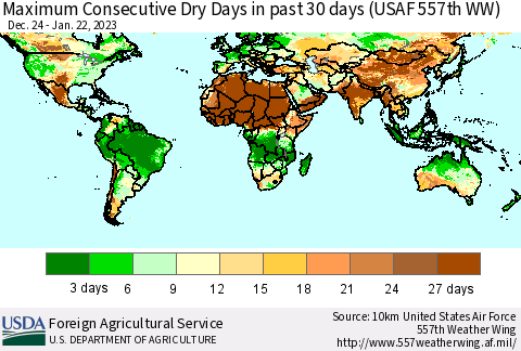 World Maximum Consecutive Dry Days in past 30 days (USAF 557th WW) 01/22/2023 Thematic Map For 1/16/2023 - 1/22/2023