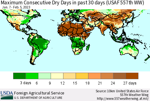 World Maximum Consecutive Dry Days in past 30 days (USAF 557th WW) 02/05/2023 Thematic Map For 1/30/2023 - 2/5/2023