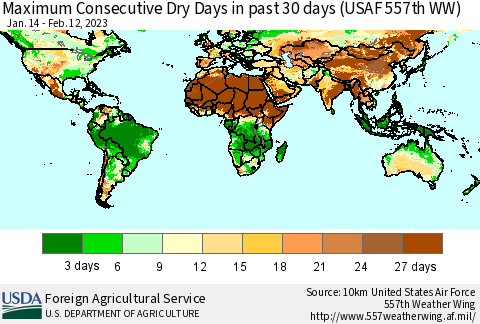 World Maximum Consecutive Dry Days in past 30 days (USAF 557th WW) 02/12/2023 Thematic Map For 2/6/2023 - 2/12/2023