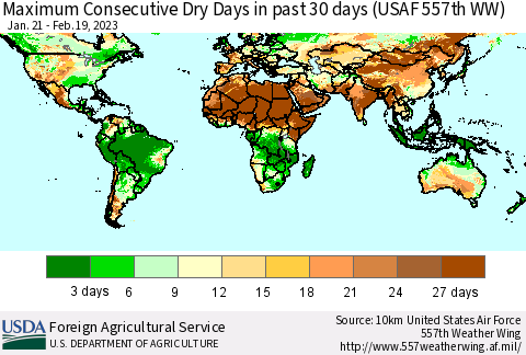 World Maximum Consecutive Dry Days in past 30 days (USAF 557th WW) 02/19/2023 Thematic Map For 2/13/2023 - 2/19/2023