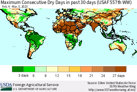 World Maximum Consecutive Dry Days in past 30 days (USAF 557th WW) 03/05/2023 Thematic Map For 2/27/2023 - 3/5/2023