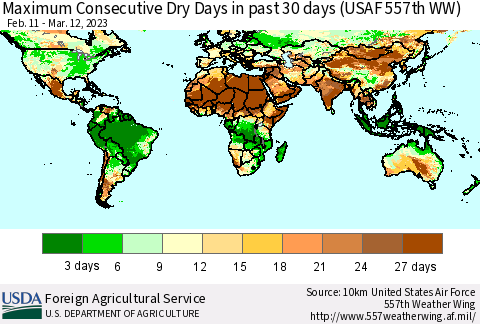 World Maximum Consecutive Dry Days in past 30 days (USAF 557th WW) 03/12/2023 Thematic Map For 3/6/2023 - 3/12/2023