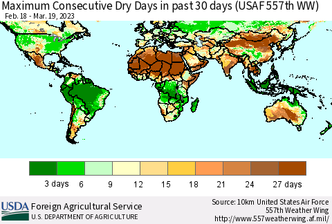 World Maximum Consecutive Dry Days in past 30 days (USAF 557th WW) 03/19/2023 Thematic Map For 3/13/2023 - 3/19/2023