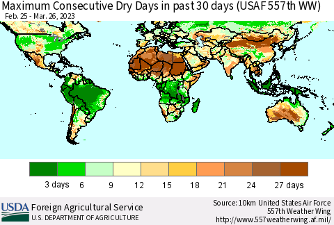 World Maximum Consecutive Dry Days in past 30 days (USAF 557th WW) 03/26/2023 Thematic Map For 3/20/2023 - 3/26/2023