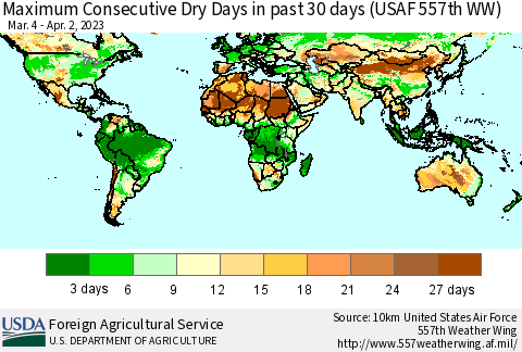 World Maximum Consecutive Dry Days in past 30 days (USAF 557th WW) 04/02/2023 Thematic Map For 3/27/2023 - 4/2/2023