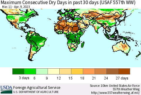 World Maximum Consecutive Dry Days in past 30 days (USAF 557th WW) 04/09/2023 Thematic Map For 4/3/2023 - 4/9/2023