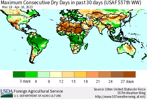 World Maximum Consecutive Dry Days in past 30 days (USAF 557th WW) 04/16/2023 Thematic Map For 4/10/2023 - 4/16/2023