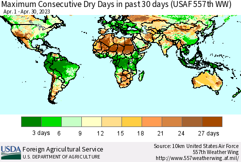 World Maximum Consecutive Dry Days in past 30 days (USAF 557th WW) 04/30/2023 Thematic Map For 4/24/2023 - 4/30/2023