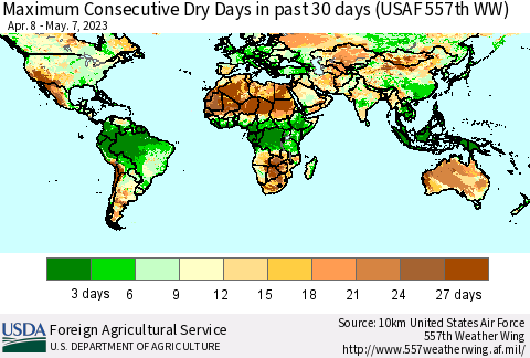 World Maximum Consecutive Dry Days in past 30 days (USAF 557th WW) 05/07/2023 Thematic Map For 5/1/2023 - 5/7/2023