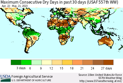 World Maximum Consecutive Dry Days in past 30 days (USAF 557th WW) 05/21/2023 Thematic Map For 5/15/2023 - 5/21/2023