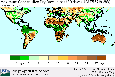 World Maximum Consecutive Dry Days in past 30 days (USAF 557th WW) 06/04/2023 Thematic Map For 5/29/2023 - 6/4/2023