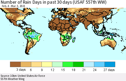 World Number of Rain Days in past 30 days (USAF 557th WW) 03/05/2021 Thematic Map For 3/1/2021 - 3/5/2021