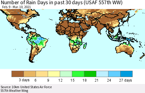 World Number of Rain Days in past 30 days (USAF 557th WW) 03/10/2021 Thematic Map For 3/6/2021 - 3/10/2021