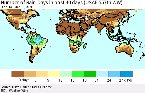 World Number of Rain Days in past 30 days (USAF 557th WW) 03/15/2021 Thematic Map For 3/11/2021 - 3/15/2021