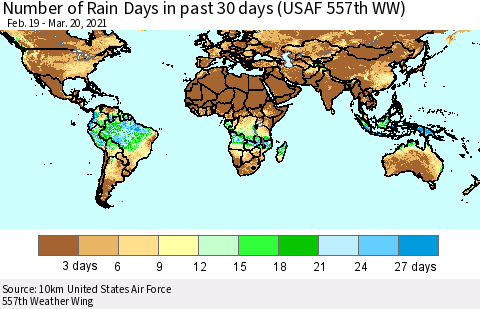 World Number of Rain Days in past 30 days (USAF 557th WW) 03/20/2021 Thematic Map For 3/16/2021 - 3/20/2021