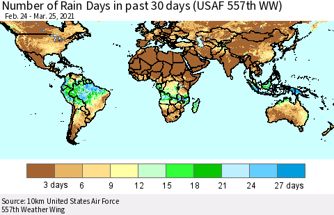 World Number of Rain Days in past 30 days (USAF 557th WW) 03/25/2021 Thematic Map For 3/21/2021 - 3/25/2021