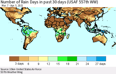 World Number of Rain Days in past 30 days (USAF 557th WW) 04/05/2021 Thematic Map For 4/1/2021 - 4/5/2021