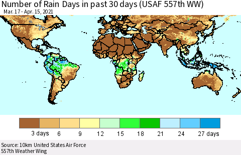 World Number of Rain Days in past 30 days (USAF 557th WW) 04/15/2021 Thematic Map For 4/11/2021 - 4/15/2021