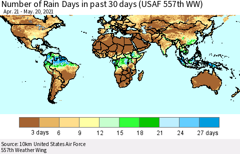 World Number of Rain Days in past 30 days (USAF 557th WW) 05/20/2021 Thematic Map For 5/16/2021 - 5/20/2021