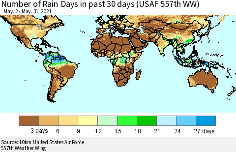 World Number of Rain Days in past 30 days (USAF 557th WW) 05/31/2021 Thematic Map For 5/26/2021 - 5/31/2021