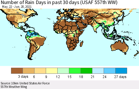 World Number of Rain Days in past 30 days (USAF 557th WW) 06/20/2021 Thematic Map For 6/16/2021 - 6/20/2021