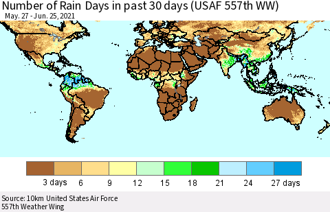 World Number of Rain Days in past 30 days (USAF 557th WW) 06/25/2021 Thematic Map For 6/21/2021 - 6/25/2021