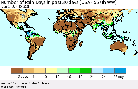 World Number of Rain Days in past 30 days (USAF 557th WW) 06/30/2021 Thematic Map For 6/26/2021 - 6/30/2021