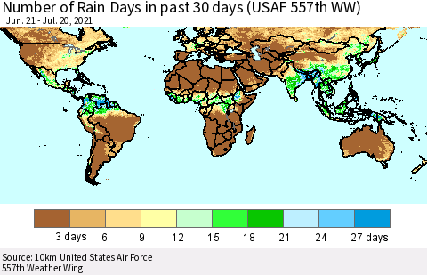 World Number of Rain Days in past 30 days (USAF 557th WW) 07/20/2021 Thematic Map For 7/16/2021 - 7/20/2021