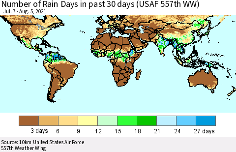 World Number of Rain Days in past 30 days (USAF 557th WW) 08/05/2021 Thematic Map For 8/1/2021 - 8/5/2021