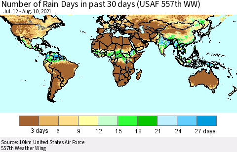 World Number of Rain Days in past 30 days (USAF 557th WW) 08/10/2021 Thematic Map For 8/6/2021 - 8/10/2021