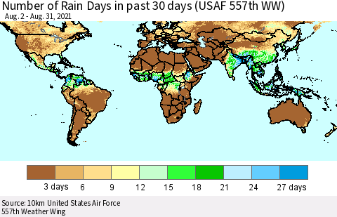 World Number of Rain Days in past 30 days (USAF 557th WW) 08/31/2021 Thematic Map For 8/26/2021 - 8/31/2021