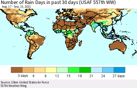 World Number of Rain Days in past 30 days (USAF 557th WW) 09/15/2021 Thematic Map For 9/11/2021 - 9/15/2021
