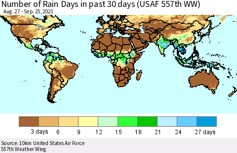 World Number of Rain Days in past 30 days (USAF 557th WW) 09/25/2021 Thematic Map For 9/21/2021 - 9/25/2021