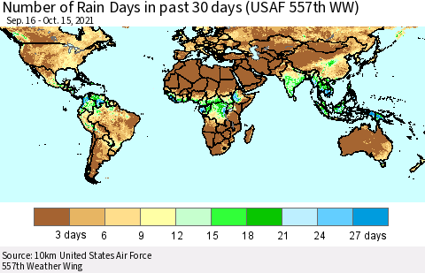 World Number of Rain Days in past 30 days (USAF 557th WW) 10/15/2021 Thematic Map For 10/11/2021 - 10/15/2021