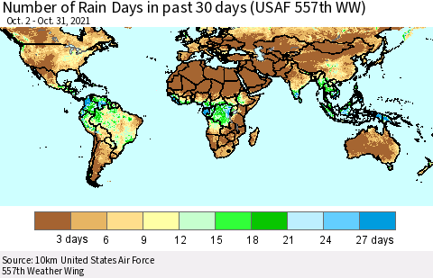 World Number of Rain Days in past 30 days (USAF 557th WW) 10/31/2021 Thematic Map For 10/26/2021 - 10/31/2021