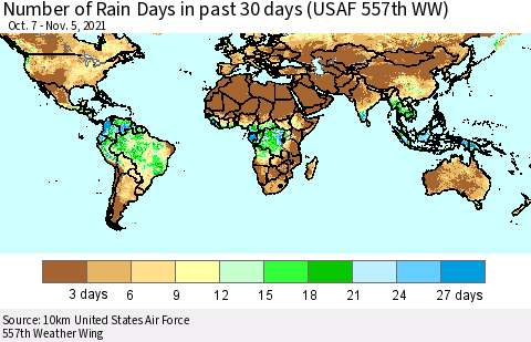World Number of Rain Days in past 30 days (USAF 557th WW) 11/05/2021 Thematic Map For 11/1/2021 - 11/5/2021
