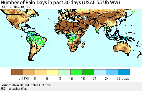 World Number of Rain Days in past 30 days (USAF 557th WW) 11/10/2021 Thematic Map For 11/6/2021 - 11/10/2021