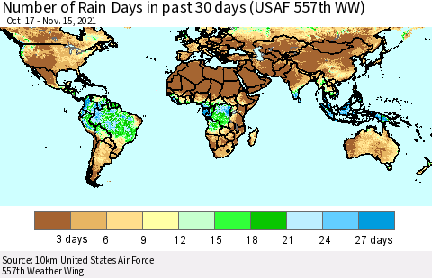World Number of Rain Days in past 30 days (USAF 557th WW) 11/15/2021 Thematic Map For 11/11/2021 - 11/15/2021