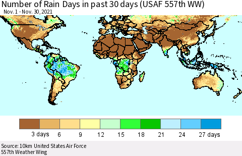 World Number of Rain Days in past 30 days (USAF 557th WW) 11/30/2021 Thematic Map For 11/26/2021 - 11/30/2021