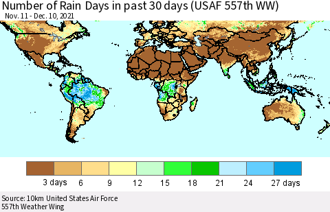 World Number of Rain Days in past 30 days (USAF 557th WW) 12/10/2021 Thematic Map For 12/6/2021 - 12/10/2021