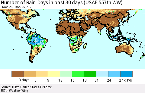 World Number of Rain Days in past 30 days (USAF 557th WW) 12/25/2021 Thematic Map For 12/21/2021 - 12/25/2021