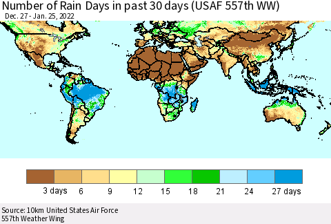 World Number of Rain Days in past 30 days (USAF 557th WW) 01/25/2022 Thematic Map For 1/21/2022 - 1/25/2022