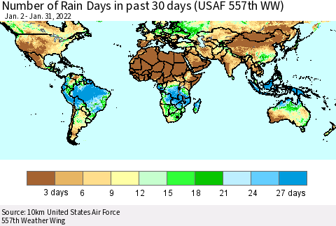 World Number of Rain Days in past 30 days (USAF 557th WW) 01/31/2022 Thematic Map For 1/26/2022 - 1/31/2022