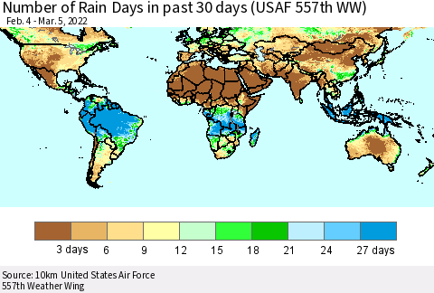World Number of Rain Days in past 30 days (USAF 557th WW) 03/05/2022 Thematic Map For 3/1/2022 - 3/5/2022