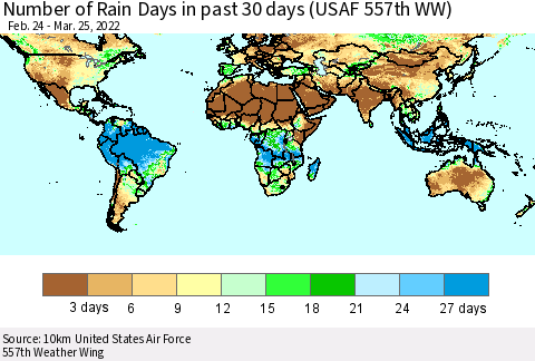 World Number of Rain Days in past 30 days (USAF 557th WW) 03/25/2022 Thematic Map For 3/21/2022 - 3/25/2022